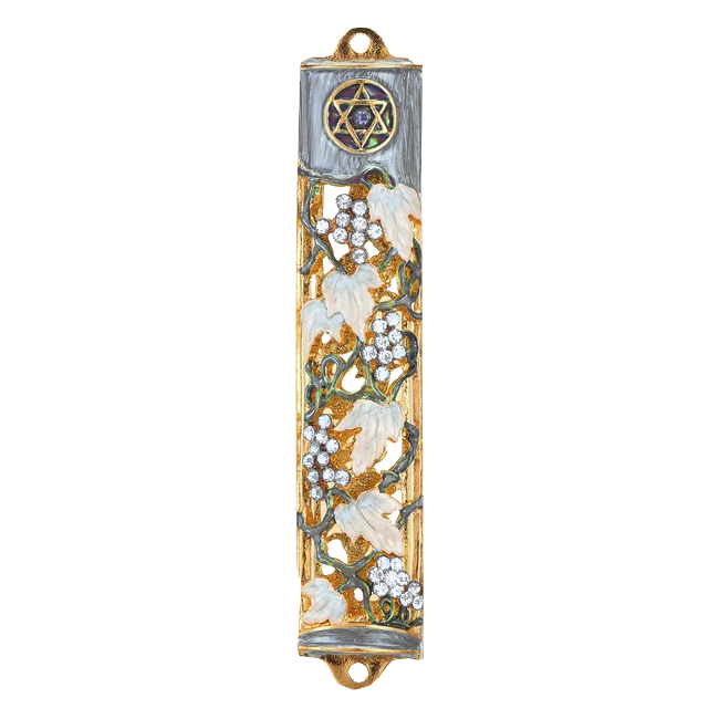 Grey Enameled Mezuzah with Grapevine